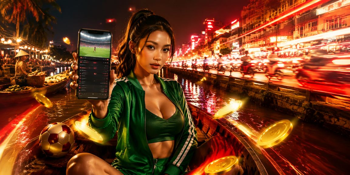 Cảnh cá cược thể thao sôi động ban đêm vùng đồng bằng Mekong với ánh đèn neon