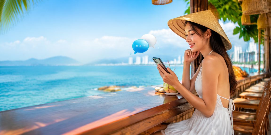 Người dùng chơi casino trên điện thoại di động tại Nha Trang với nón lá truyền thống duyên dáng
