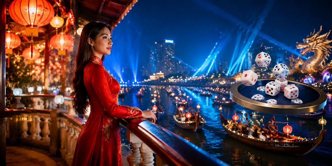 Người chơi tài xỉu trực tuyến tại Ninh Bình, xúc xắc và áo dài truyền thống trong khung cảnh yên bình